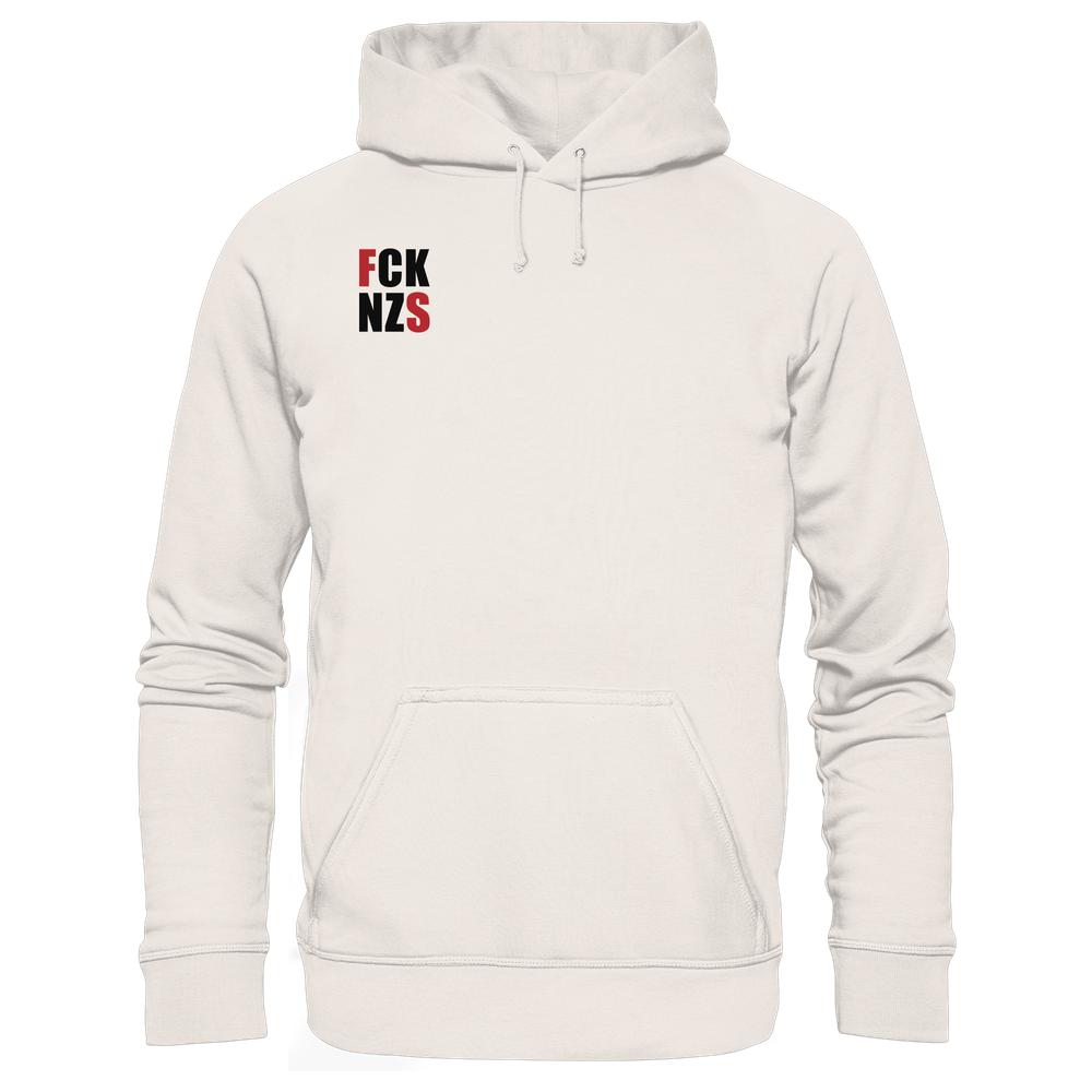 Vegan und Bio Hoodie: FCK NZS mit roten Highlights, cremefarben, mit Statement-Print auf der Brust. Nachhaltig aus Bio-Baumwolle und recyceltem Polyester gefertigt.