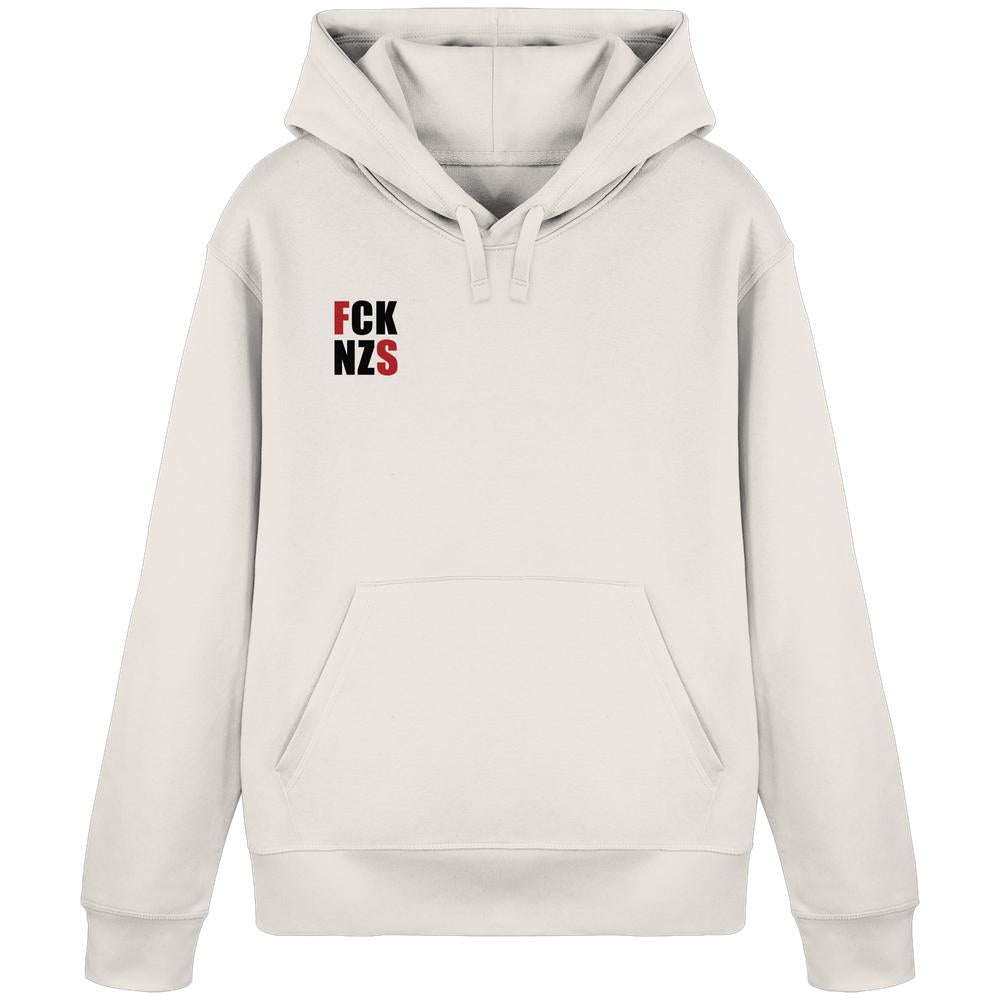 Vegan und Bio Hoodie: FCK NZS mit roten Highlights, aus Bio-Baumwolle und recyceltem Polyester, normaler Schnitt, rebellisches Design gegen Nazis.