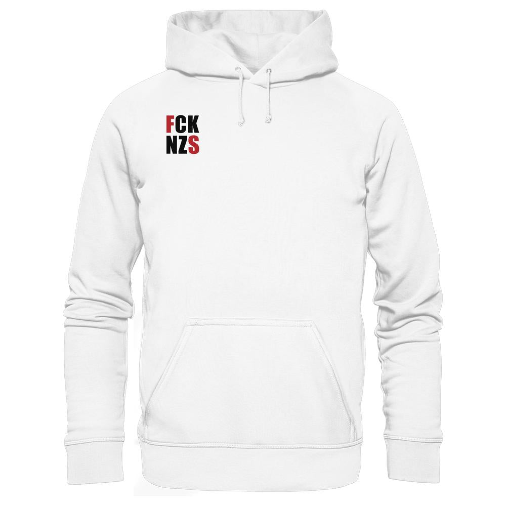 Vegan und Bio Hoodie: FCK NZS mit roten Highlights, weiß, mit antinazistischem Print, Kängurutasche, Kapuze, biologischer Baumwolle, recyceltem Polyester, normale Passform, rebellisches Design von RUDE REBEL.