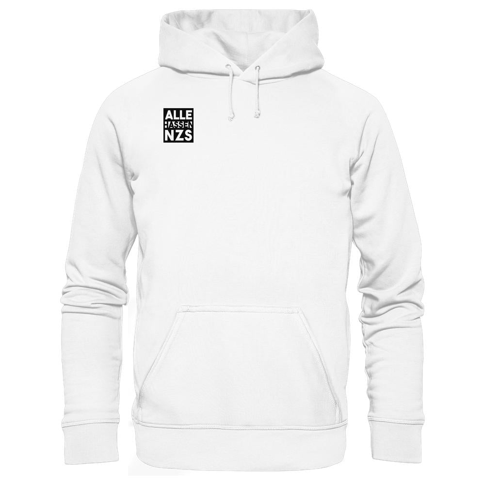Vegan und Bio Hoodie: ALLE HASSEN NZS! Weißer Hoodie mit schwarzem Logo und Text. Nachhaltige Materialien, normale Passform, Kängurutasche, Kapuze mit Kordelzug.