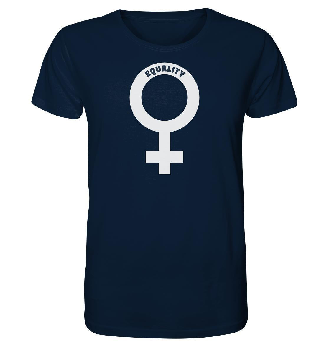 Vegan und Bio Unisex Shirt mit Venussymbol, das feministische Botschaft für Gleichberechtigung auf blauem Hintergrund zeigt, nachhaltig aus Bio-Baumwolle gefertigt von RUDE REBEL.