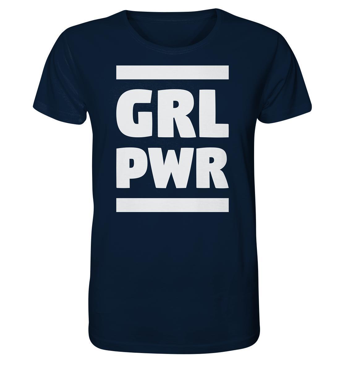 Vegan und Bio Unisex Shirt: GIRL POWER - blaues Shirt mit weißem feministischen Text, aus 100% Bio-Baumwolle, normaler Schnitt, von RUDE REBEL.