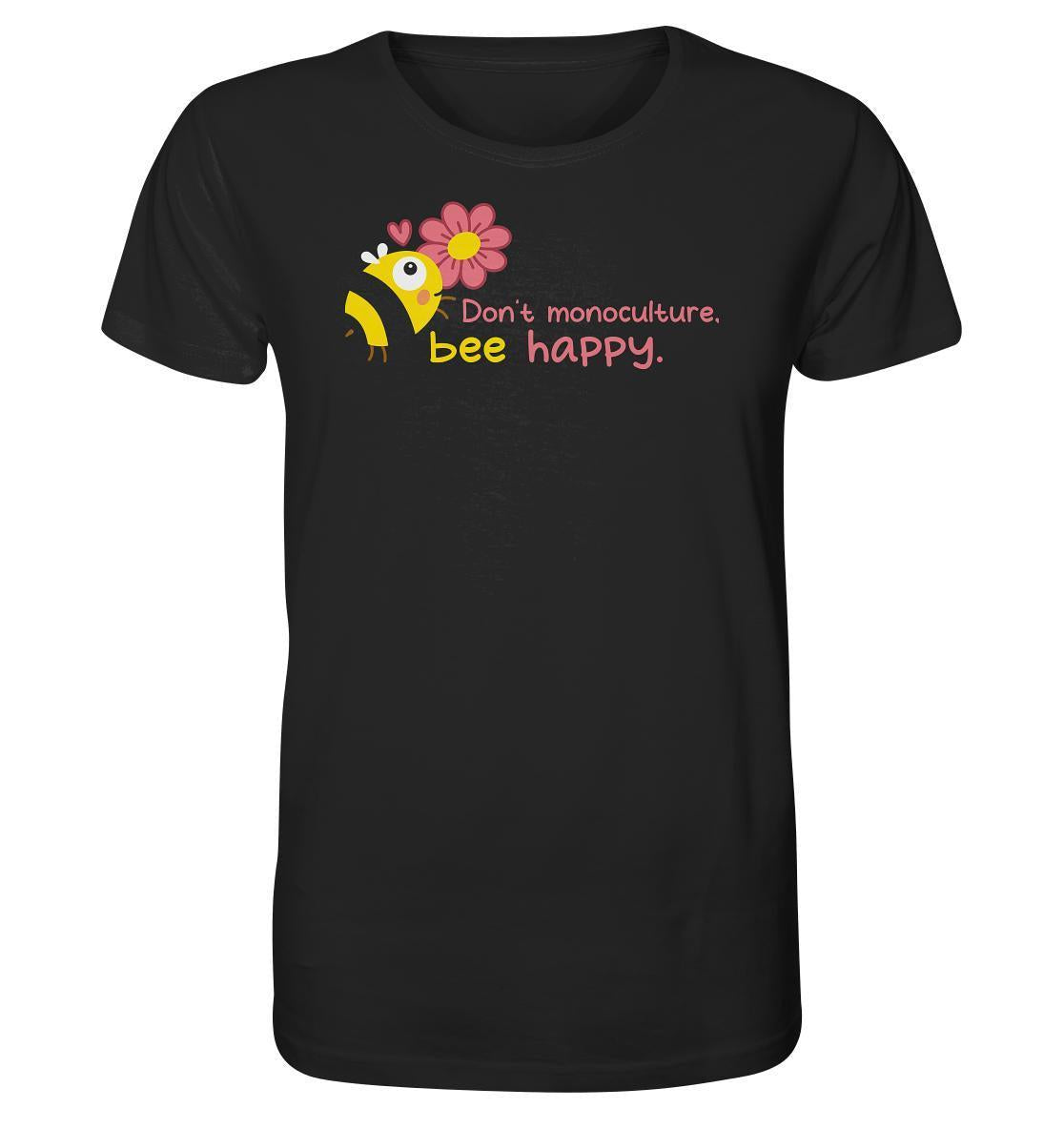 Vegan und Bio Unisex Shirt: Save the bees, zeigt eine gelbe Biene und eine rosa Blume auf schwarzem Hintergrund, aus 100% Bio-Baumwolle.
