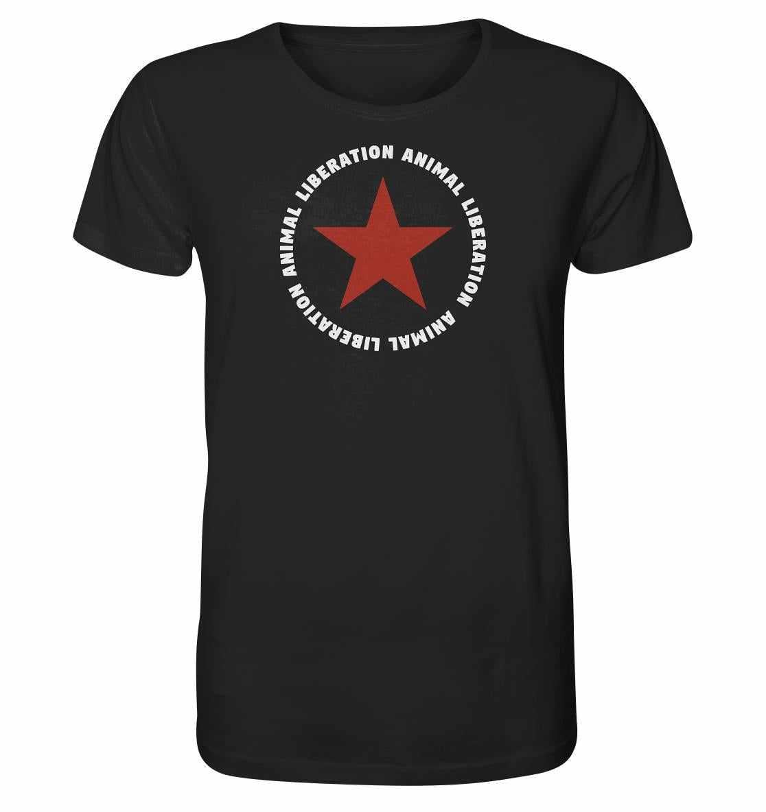Vegan und Bio Unisex Shirt: Red Star and Animal Liberation, schwarzes T-Shirt mit rotem Stern und weißem Text, aus umweltfreundlicher Bio-Baumwolle.