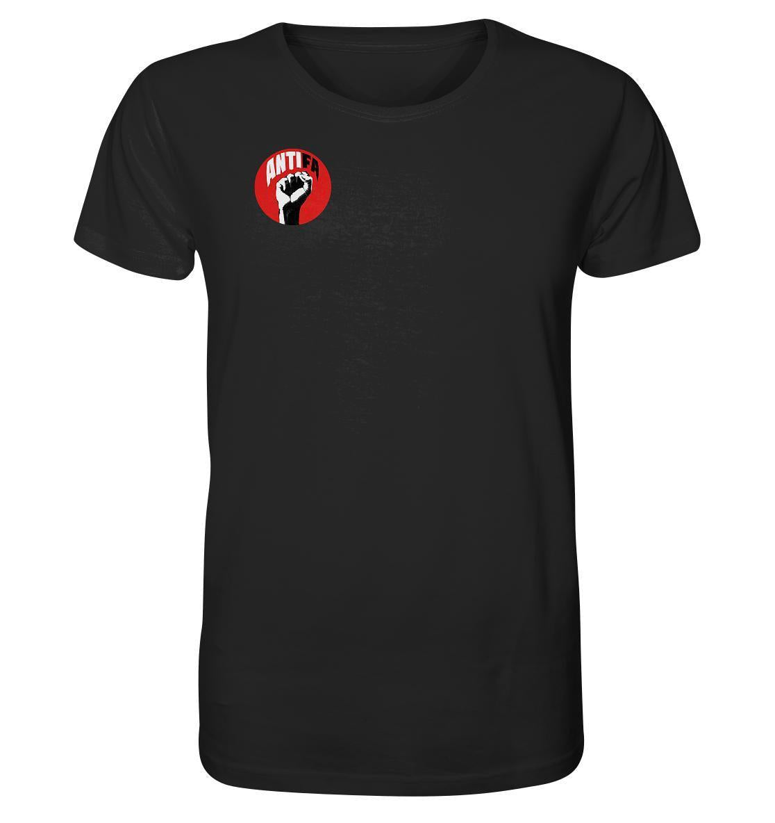 Vegan und Bio Unisex Shirt: Antifa - Gemeinsam gegen Rechts, schwarzes T-Shirt mit erhobener Faust und rotem Logo, symbolisiert Widerstand gegen Faschismus, aus Bio-Baumwolle.