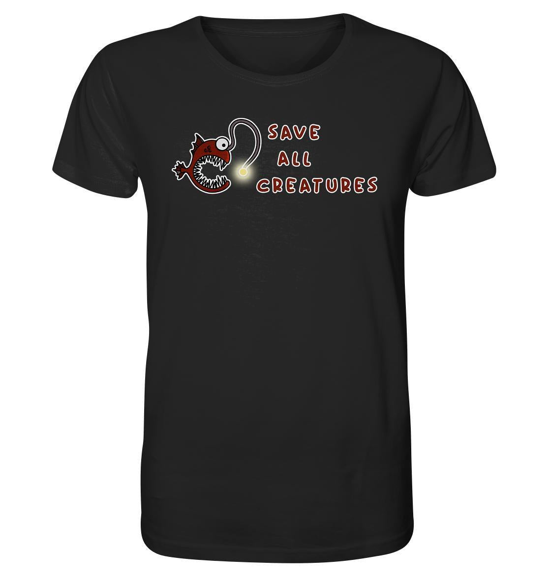 Vegan und Bio Unisex Shirt: Weird Frogfish, zeigt einen roten Anglerfisch mit Leuchtkörper, aus umweltfreundlicher Bio-Baumwolle, für den Schutz aller Lebewesen.