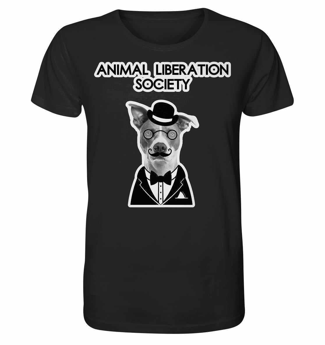 Vegan und Bio Unisex Shirt mit Mr. Dog-Motiv: Hund mit Hut und Brille, Mitglied der Animal Liberation Society, aus 100 % Bio-Baumwolle, hergestellt von RUDE REBEL.