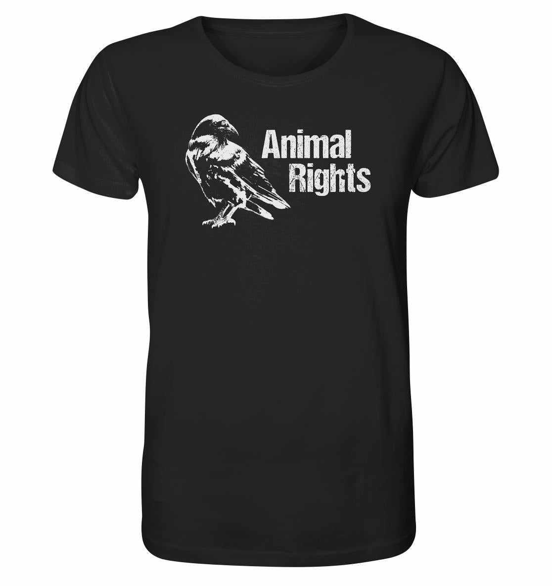 Vegan und Bio Unisex Shirt: Raven - Animal Rights, schwarzes T-Shirt mit Vogelmotiv, aus Bio-Baumwolle, normaler Schnitt, thematisiert Tierrechte und Naturschutz.