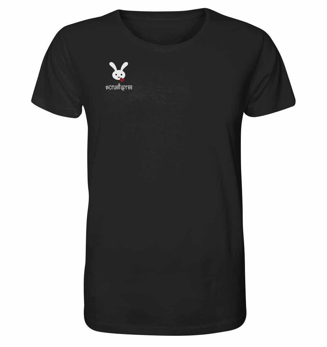 Vegan und Bio Unisex Shirt: Crueltyfree Bunny, schwarzes Shirt mit weißem Kaninchen und rotem Herz im Mund, aus Bio-Baumwolle, symbolisiert Tierschutz und Veganismus.