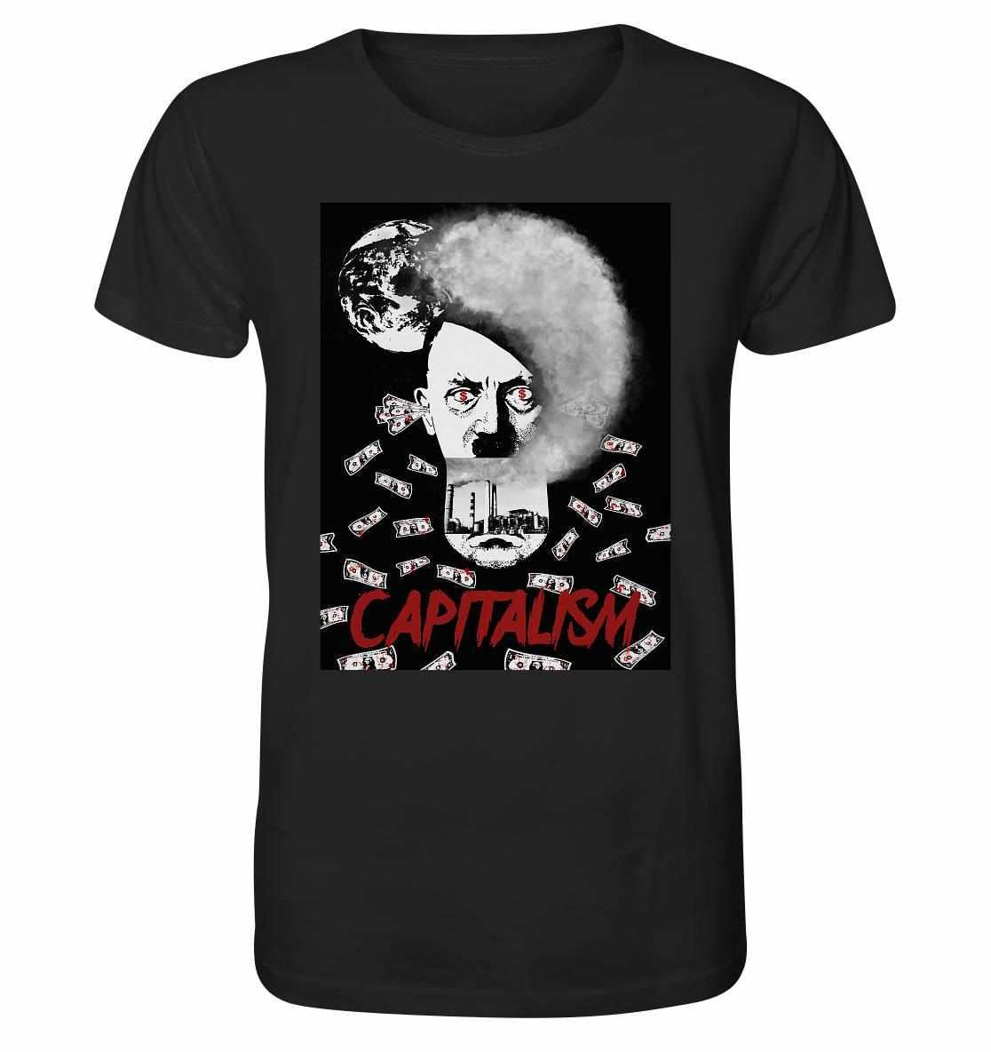 Vegan und Bio Unisex Shirt mit einem Gesicht und Geldmotiv, betont Kapitalismuskritik und Umweltschutz. Hergestellt aus 100% Bio-Baumwolle, normaler Schnitt.