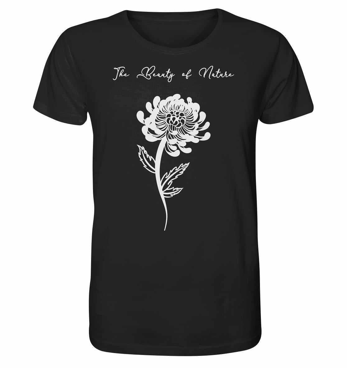 Vegan und Bio Unisex Shirt: Chrysantheme - The Beauty of Nature, zeigt eine weiße Blume auf schwarzem Hintergrund, symbolisiert Naturschutz und nachhaltige Mode.