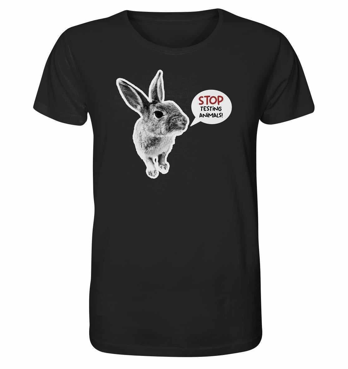 Vegan und Bio Unisex Shirt mit Häschenmotiv und Aufschrift STOP ANIMAL TESTING, aus 100% Bio-Baumwolle, designed von RUDE REBEL für Tierrechtsbewusste.