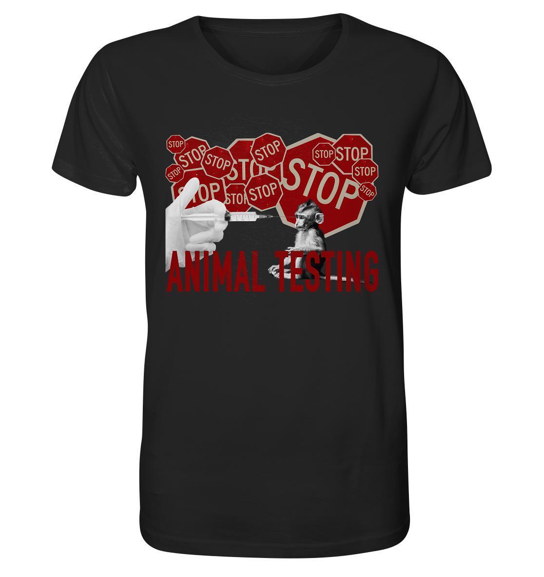 Vegan und Bio Unisex Shirt: STOP ANIMAL TESTING! zeigt radikales Design mit Affe und Spritze, aus 100% Bio-Baumwolle, rebellisch gegen Tierversuche.