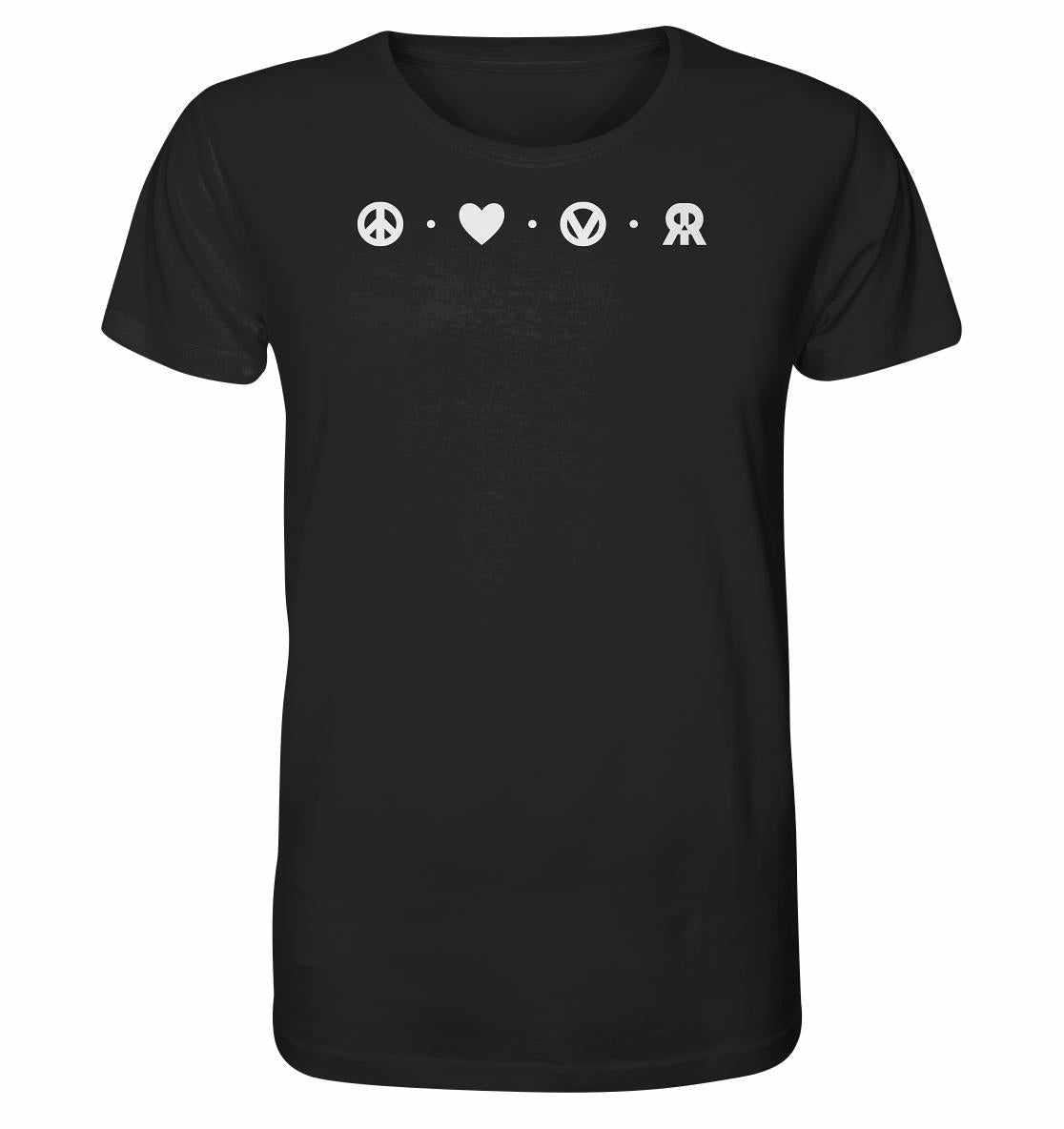 Vegan und Bio Unisex Shirt Peace - Love - Veganism - RUDE REBEL mit weißen Symbolen für Frieden und Liebe auf schwarzem Stoff.