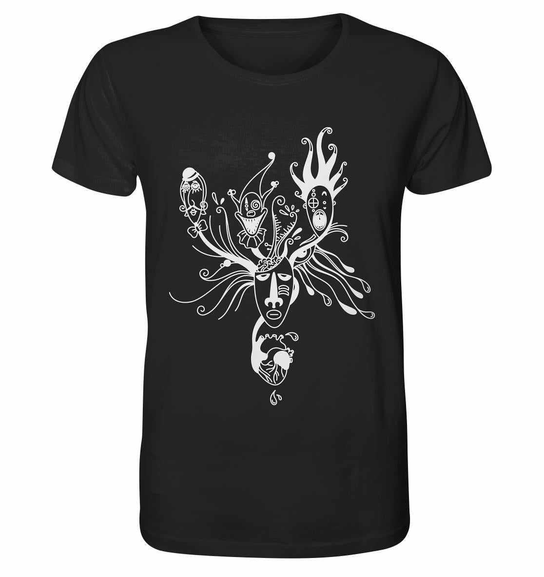 Vegan und Bio Unisex Shirt: Behind the Mask…, schwarzes Shirt mit weißem Gesicht im minimalistischen Blackwork-Design, aus Bio-Baumwolle, nachhaltig produziert.