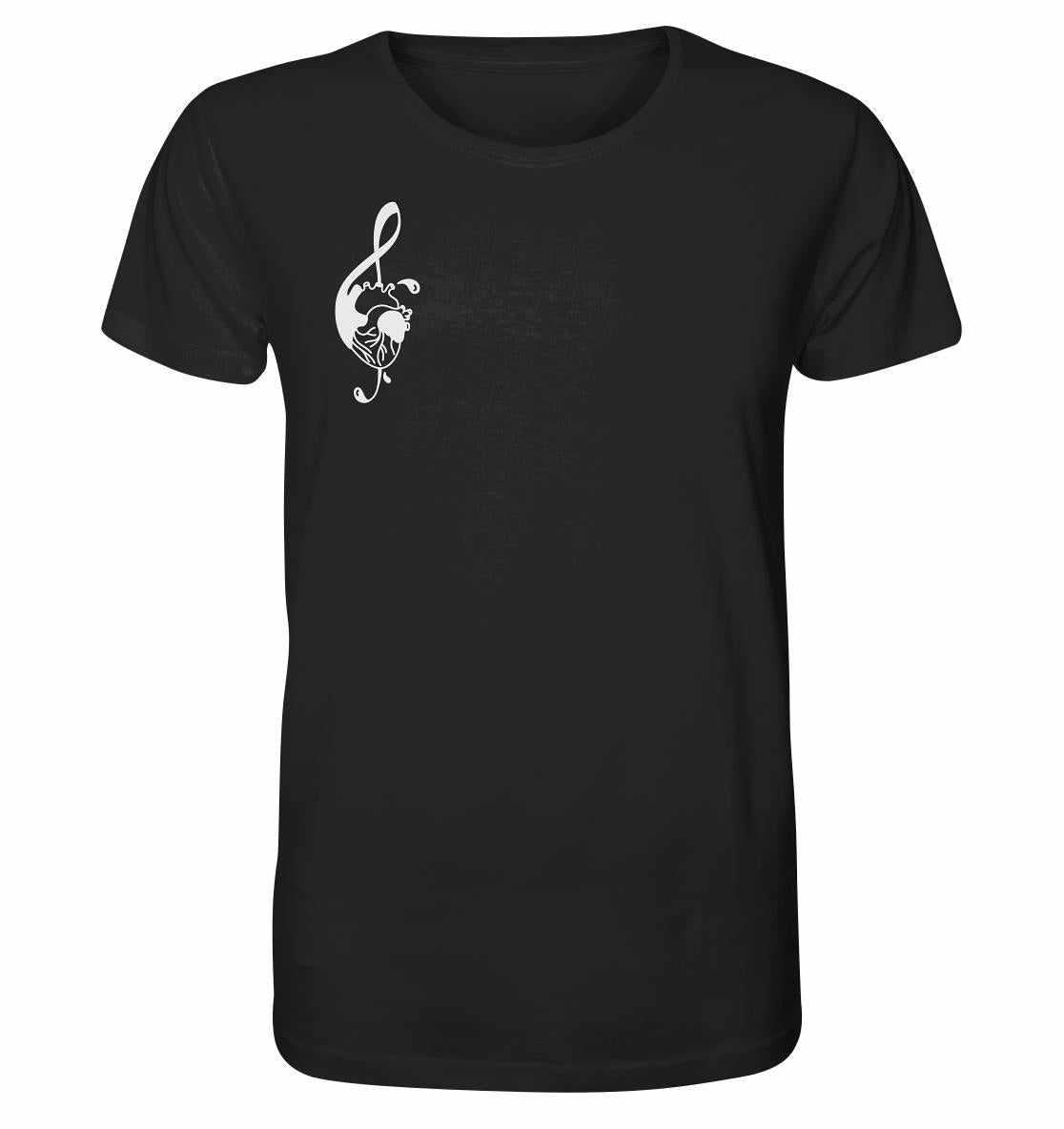 Vegan und Bio Unisex Shirt: Music Therapy with Heart – schwarzes Shirt mit weißem Notenschlüssel-Design, aus nachhaltiger Bio-Baumwolle, für Musikliebhaber und Umweltbewusste bei RUDE REBEL.