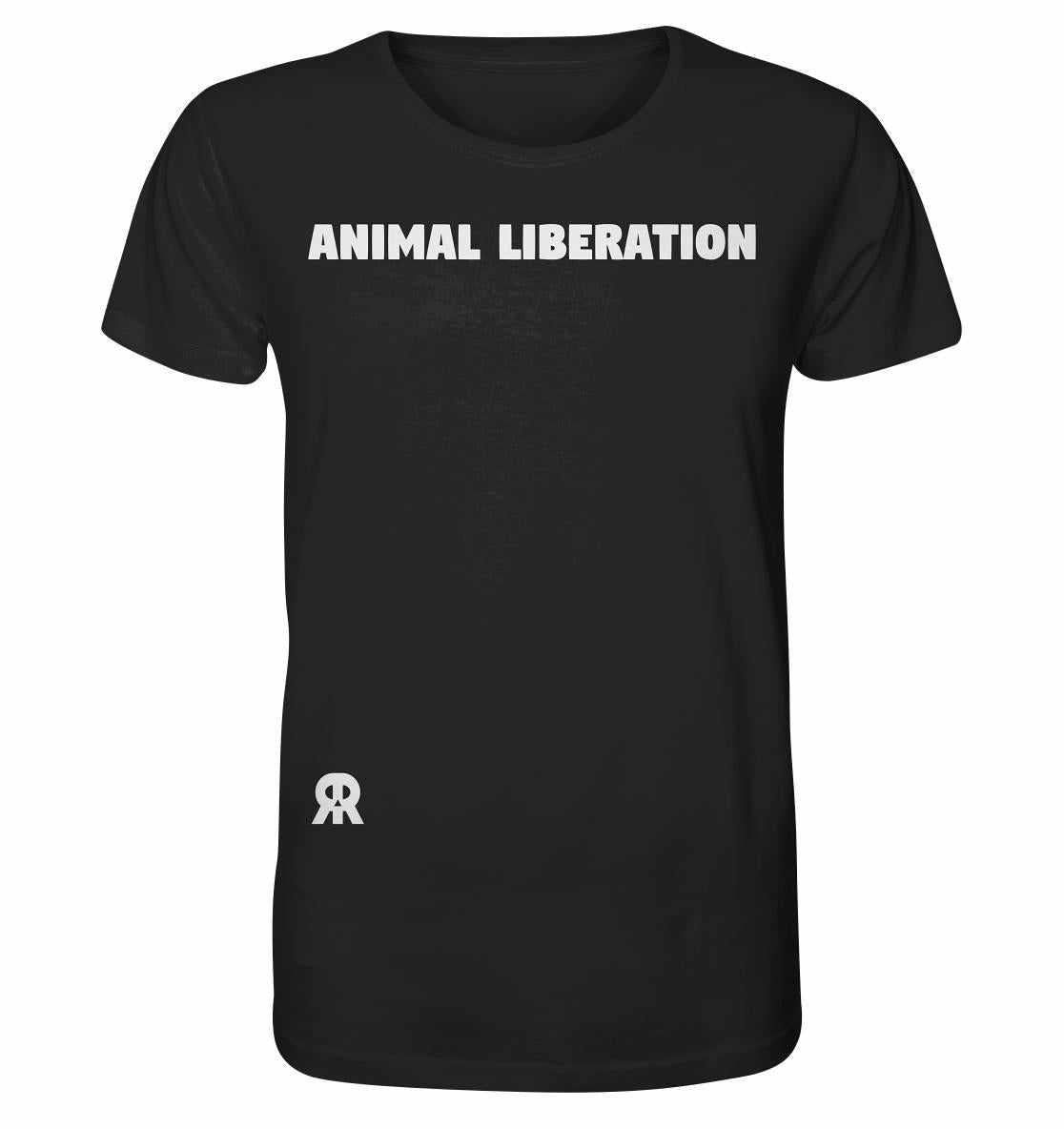 Vegan und Bio Unisex Shirt: Animal Liberation, schwarzes Shirt mit weißem Text, aus Bio-Baumwolle, normaler Schnitt, fördert Tierschutz.
