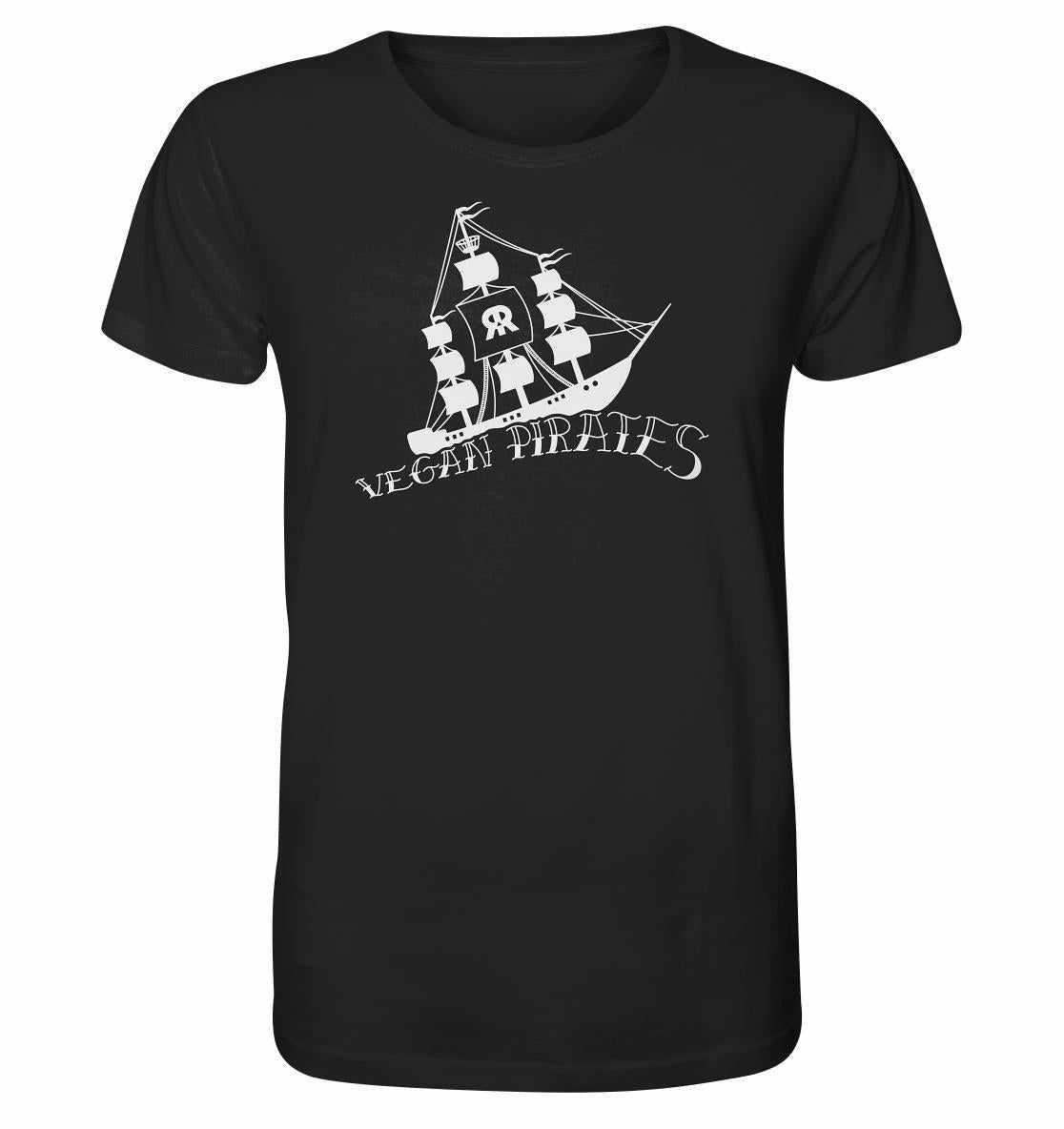 Vegan und Bio Unisex Shirt: Vegan Pirates mit einem weißen Piratenschiff-Design, aus 100 % Bio-Baumwolle, symbolisiert umweltfreundliche und vegane Werte.