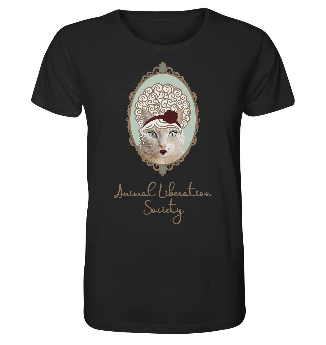 Vegan und Bio Unisex Shirt: Miss Cat - Animal Liberation Society, zeigt eine Katze mit Rosenmotiv, aus Bio-Baumwolle, normaler Schnitt, inspiriert von Tierrechtsaktivismus.