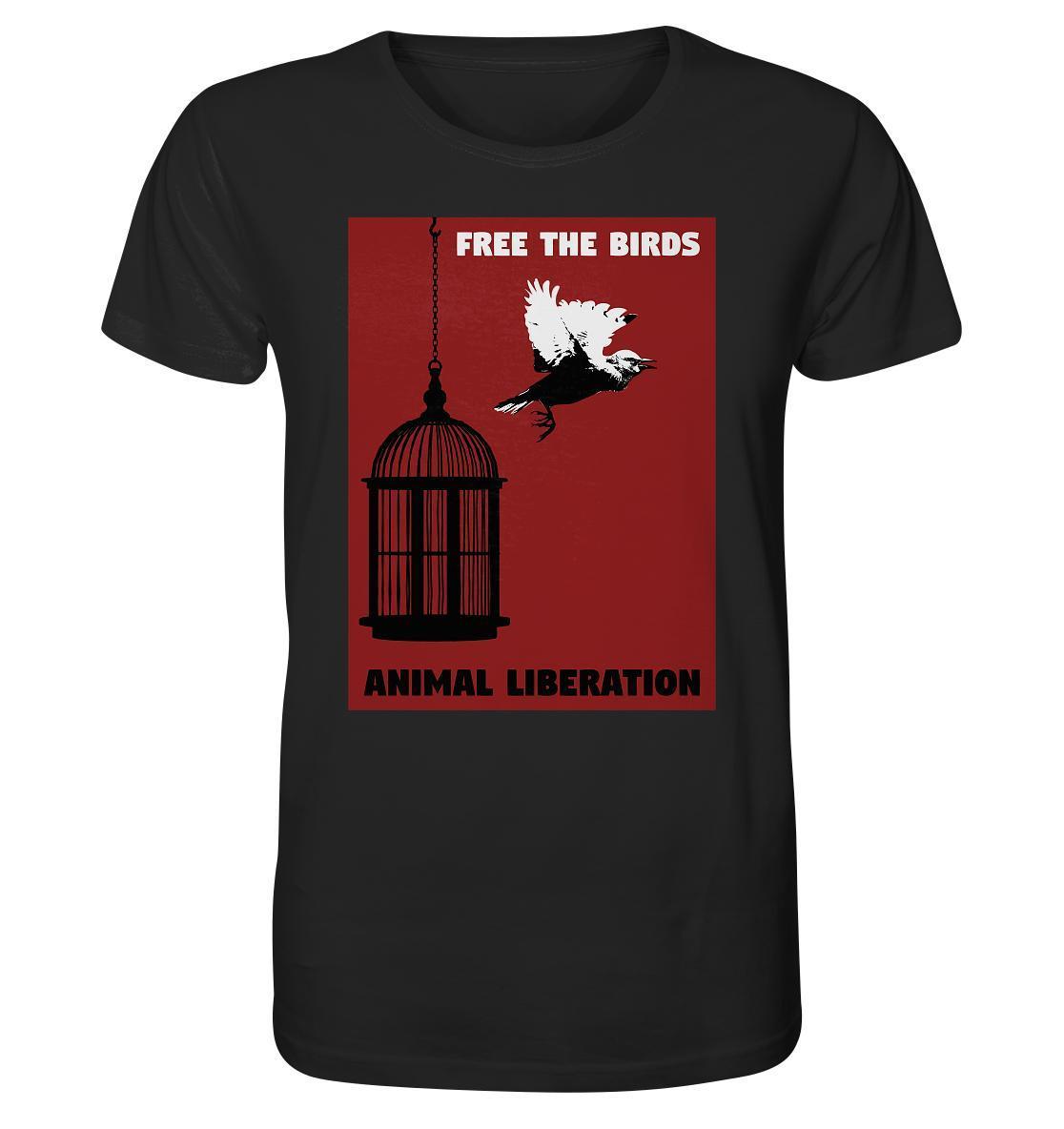 Vegan und Bio Unisex Shirt mit Vogel-und-Käfig-Design, symbolisiert Freiheit und Tierrechte, aus 100% Bio-Baumwolle, normale Passform, von RUDE REBEL.