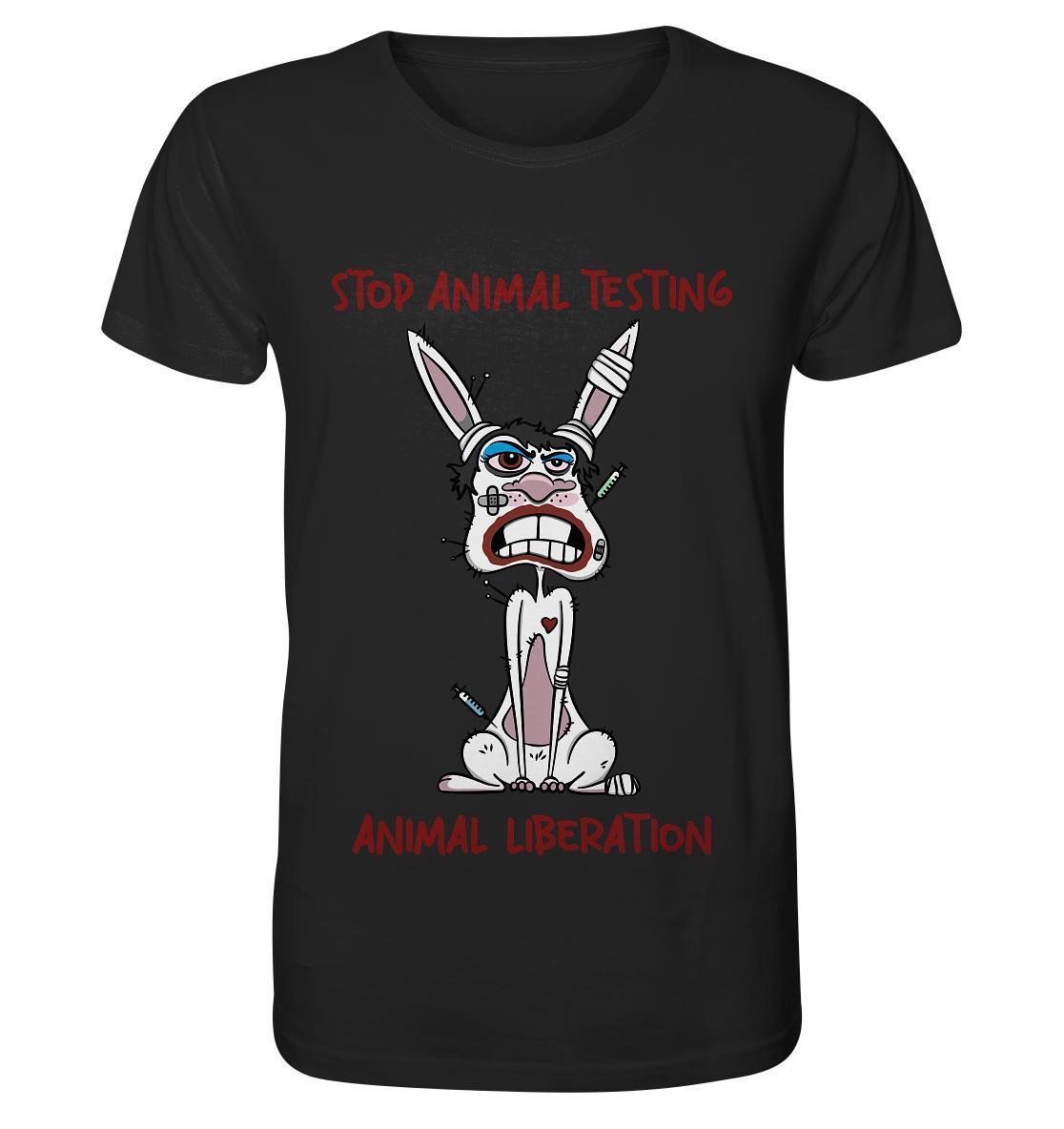 Vegan und Bio Unisex Shirt mit Cartoon-Hase und STOP ANIMAL TESTING-Design, betont Tierrechtsbotschaft. Hergestellt aus 100 % Bio-Baumwolle.