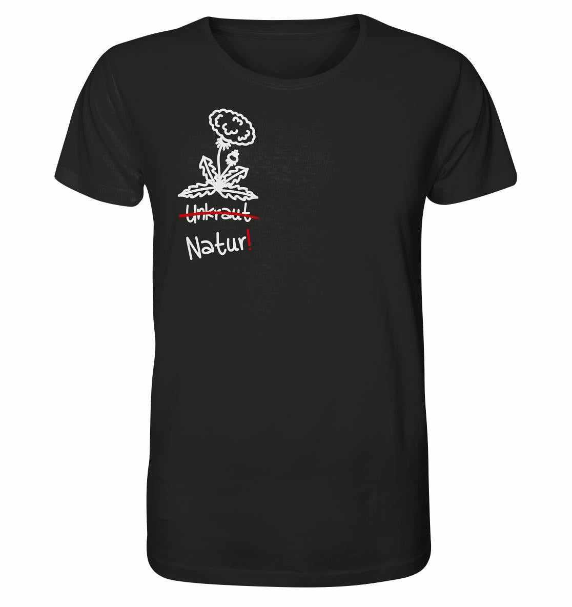 Vegan und Bio Unisex Shirt: Löwenzahn, schwarzes Shirt mit Blumenmotiv und Text, aus Bio-Baumwolle, symbolisiert Naturschutz und nachhaltige Mode.