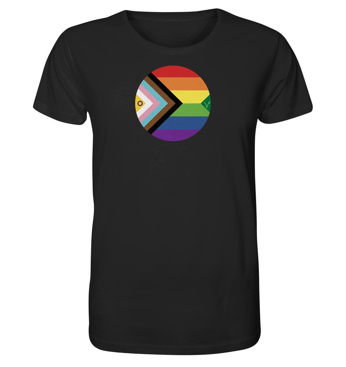 Vegan und Bio Unisex Shirt: LGBTQAI+ Veganismus, schwarzes Shirt mit Regenbogenkreis und Fischmotiv, aus Bio-Baumwolle, symbolisiert Freiheit und Liebe.