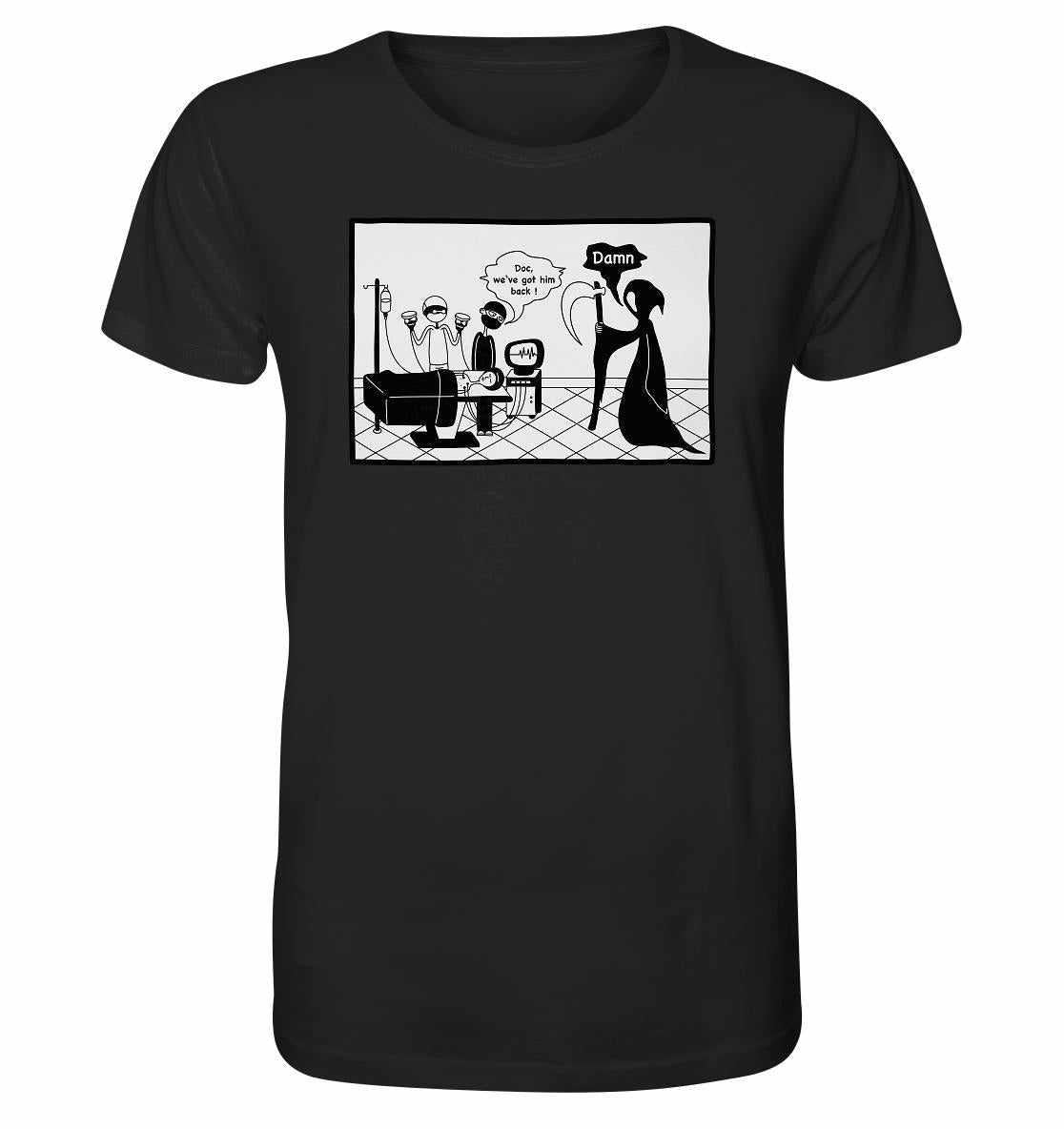 Vegan und Bio Unisex Shirt: Comicstripe - The Reaper, zeigt Cartoon mit Sensenmann, handgefertigt aus Bio-Baumwolle, ideal für Liebhaber schwarzen Humors.