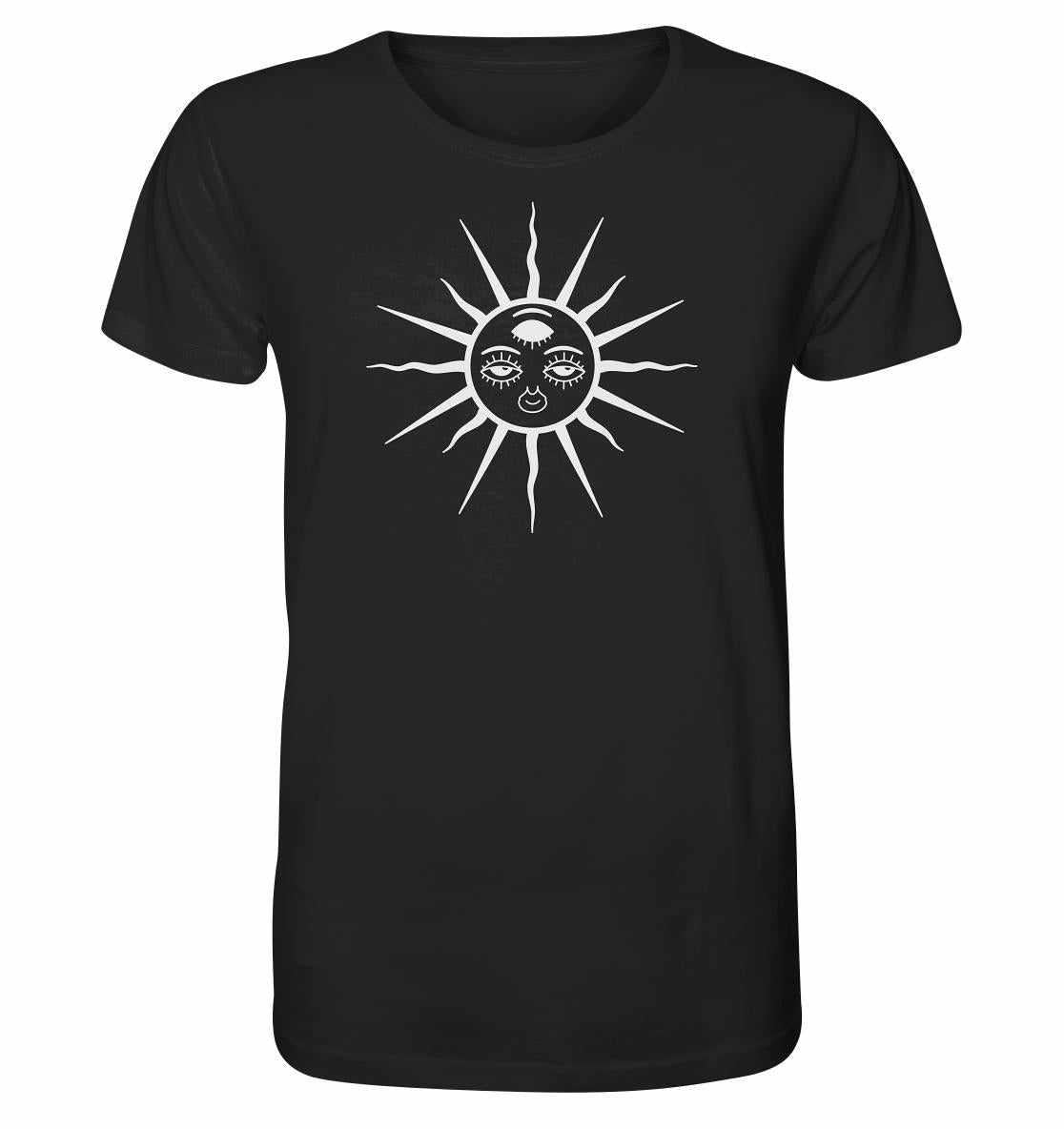 Vegan und Bio Unisex Shirt: The Sun - Third Eye Awakening mit Ethno-Design, zeigt schwarze Bio-Baumwolle mit weißer Sonne und drei Augen-Motiv.