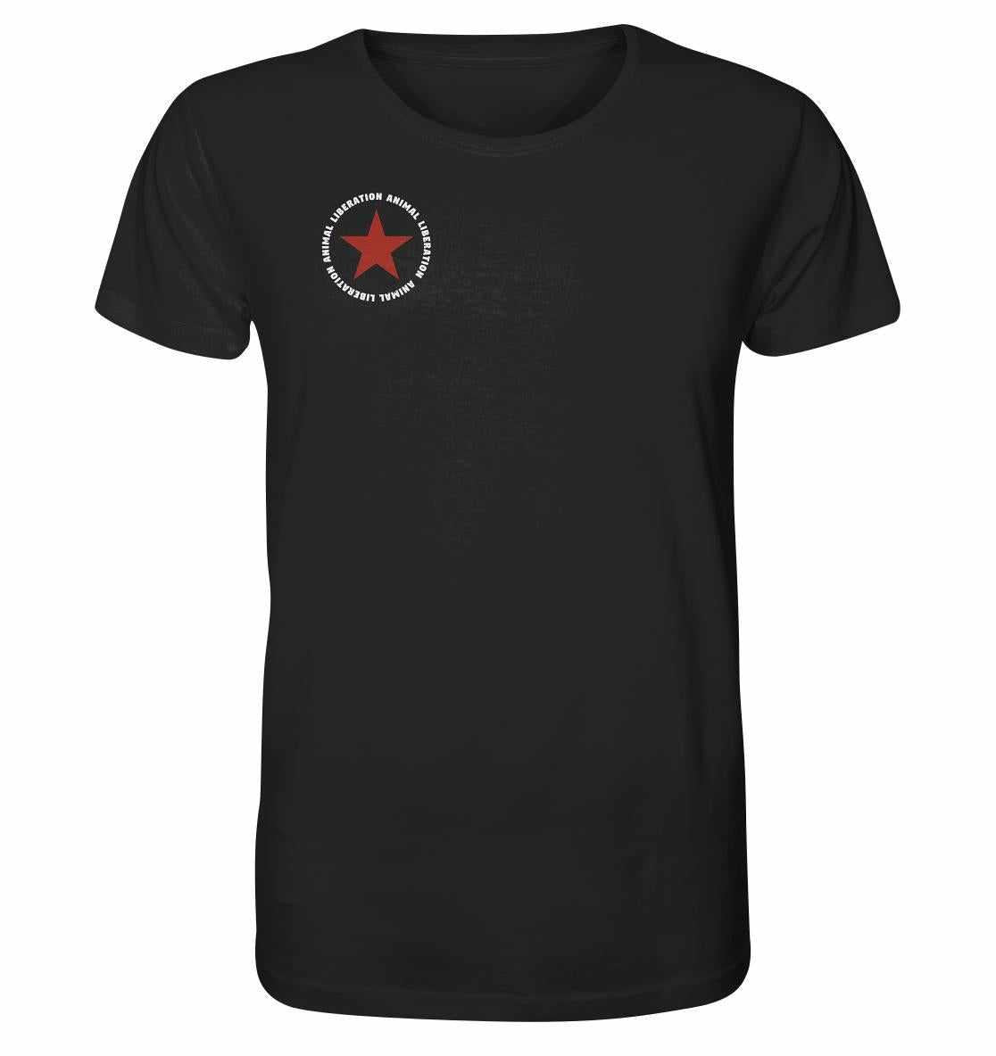 Vegan und Bio Unisex Shirt: Red Star - Animal Liberation aus Bio-Baumwolle, schwarzes T-Shirt mit rotem Stern, von RUDE REBEL.