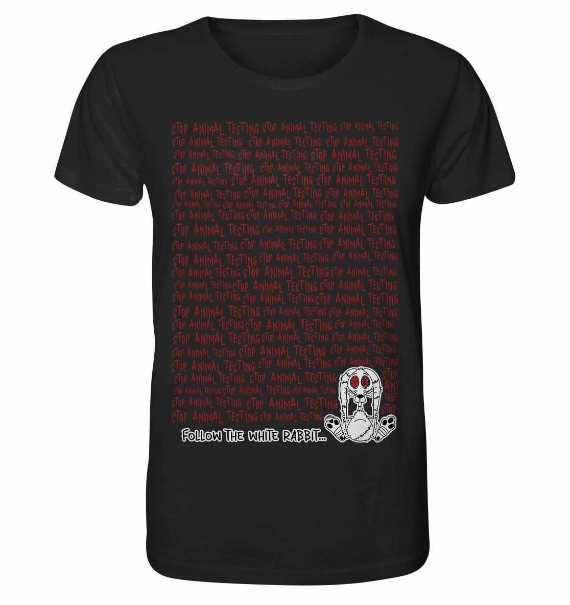 Vegan und Bio Unisex Shirt mit Cartoon-Hase, das gegen Tierversuche protestiert. Hergestellt aus Bio-Baumwolle, normaler Schnitt.