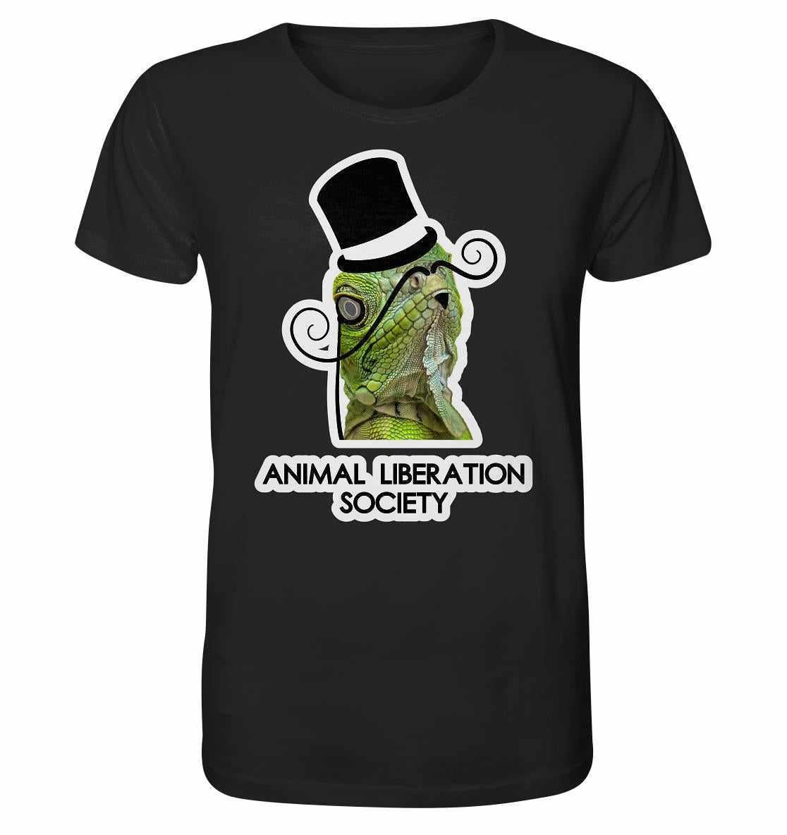 Vegan und Bio Unisex Shirt: Sir Reptile - Animal Liberation Society mit einem Lizard-Motiv, der einen Zylinder und Schnurrbart trägt, auf umweltfreundlicher Bio-Baumwolle.