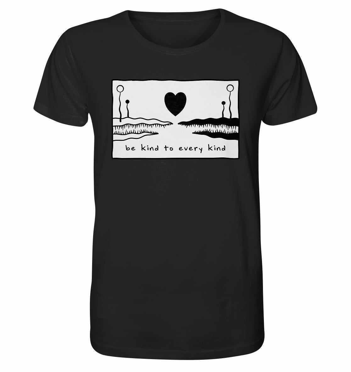 Vegan und Bio Unisex Shirt mit Herzmotiv und Bild, um Liebe und Frieden für alle Arten zu feiern, hergestellt aus umweltfreundlicher Bio-Baumwolle.