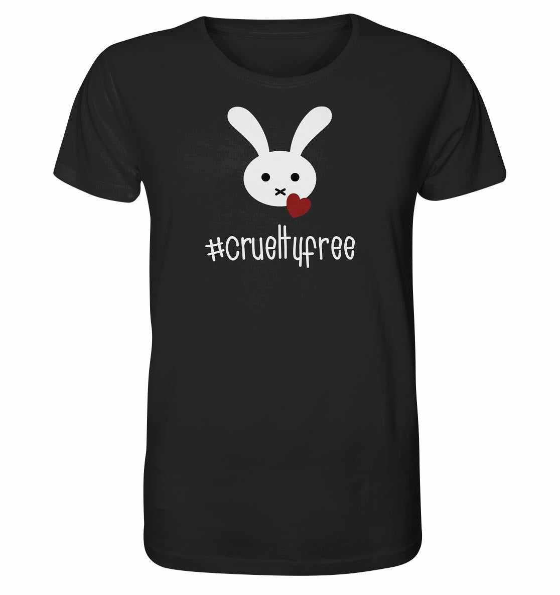 Vegan und Bio Unisex Shirt: Crueltyfree Bunny BIG mit weißem Kaninchenmotiv und rotem Herz, aus 100% Bio-Baumwolle, symbolisiert veganen Lebensstil und Tierschutz.