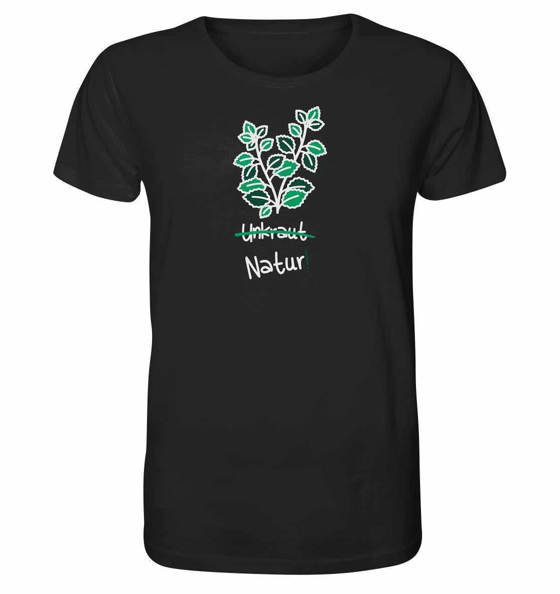 Vegan und Bio Unisex Shirt: Brennnessel - Naturschutz mit grünem Blatt-Design, aus Bio-Baumwolle, symbolisiert Naturschutz und hinterfragt Unkrautdefinition.