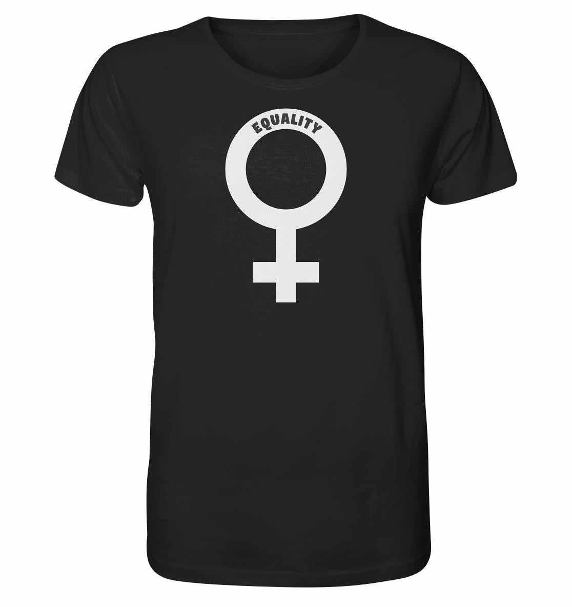 Veganes und Bio Unisex Shirt mit Venussymbol; schwarzes Oberteil aus Bio-Baumwolle, symbolisiert weltweite Gleichberechtigung, hergestellt von RUDE REBEL.