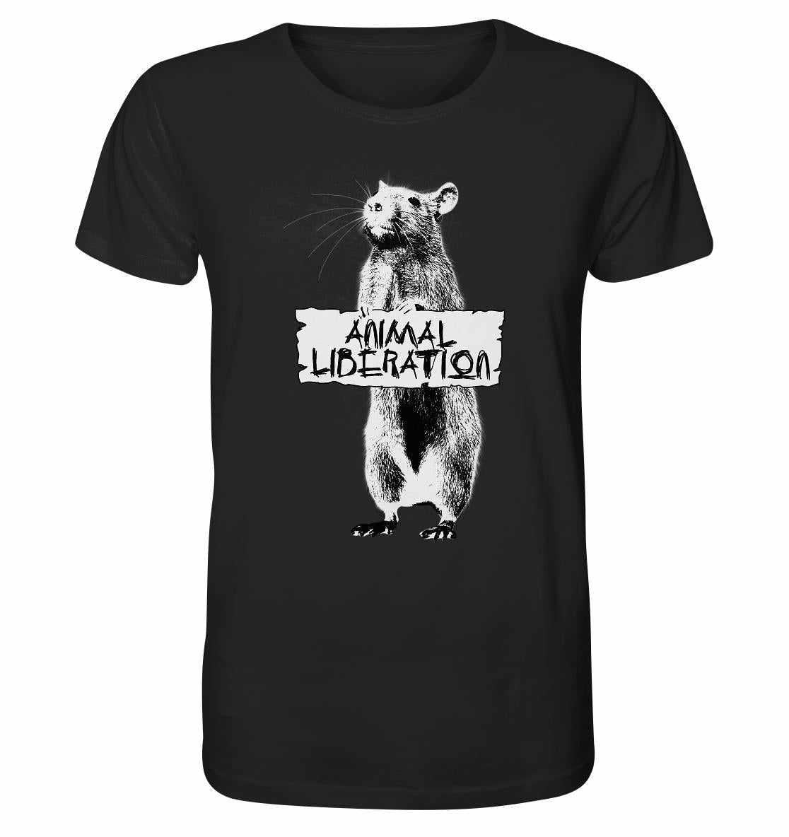 Vegan und Bio Unisex Shirt: Rat for Animal Liberation, zeigt digitale Collage mit Pixel-Look inspiriert von Banksy, aus Bio-Baumwolle für Tierschutz.