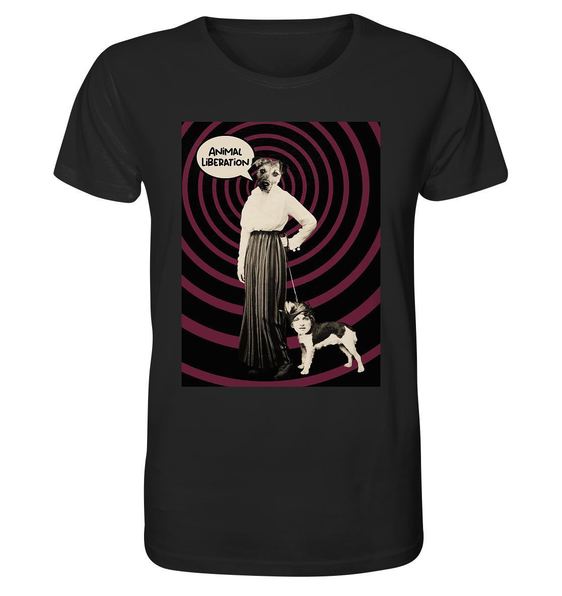 Vegan und Bio Unisex Shirt: Upside Down - Animal Liberation, zeigt eine digitale Collage mit einer Frau und einem Hund, inspiriert von Popart und Vintage-Fotografie.