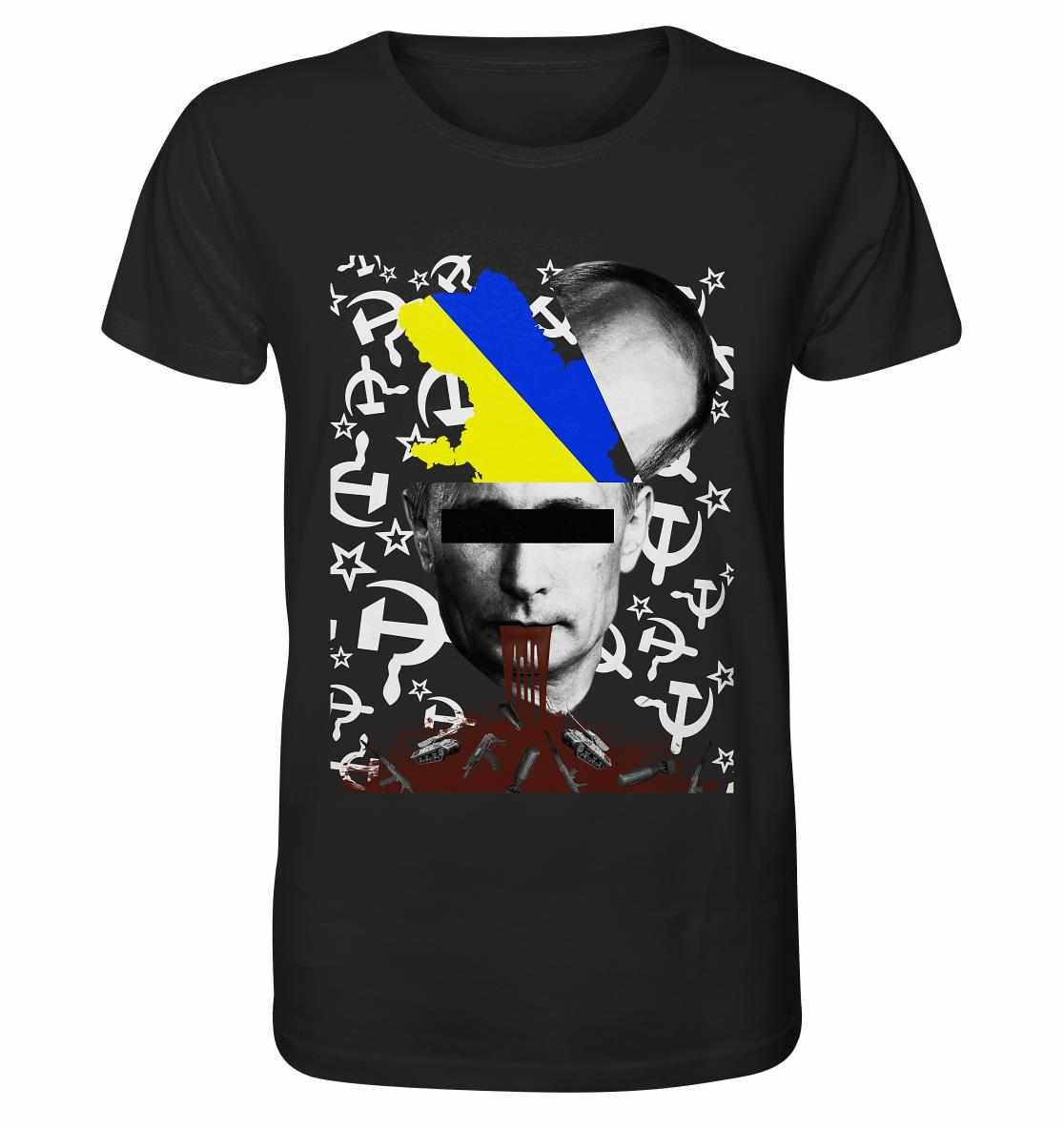 Vegan und Bio Unisex Shirt: STOP WAR IN UKRAINE! mit digitaler Collage eines blutverschmierten Gesichts, symbolisiert Protest gegen Putins Krieg. Hergestellt aus Bio-Baumwolle.