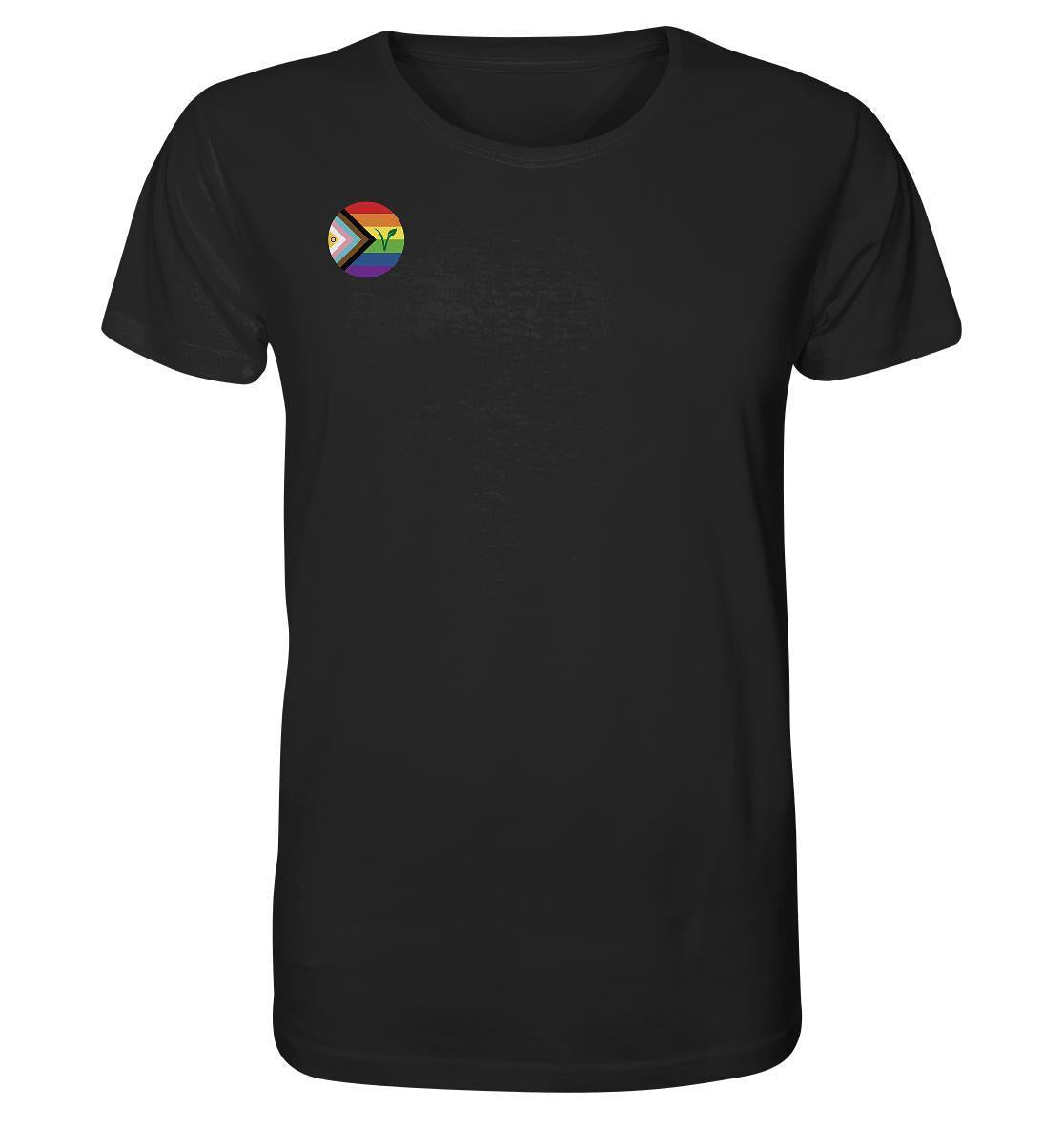 Vegan und Bio Unisex Shirt: LGBTQIA+ VEGAN, schwarzes T-Shirt mit Regenbogenkreis-Logo und Pflanze, aus Bio-Baumwolle, umweltfreundlich und vegan produziert.