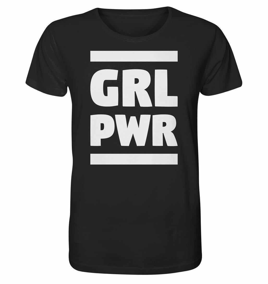 Vegan und Bio Unisex Shirt: GIRL POWER - Schwarzes Shirt mit weißem feministischen Text, aus 100% Bio-Baumwolle, symbolisiert Stärke und Emanzipation.