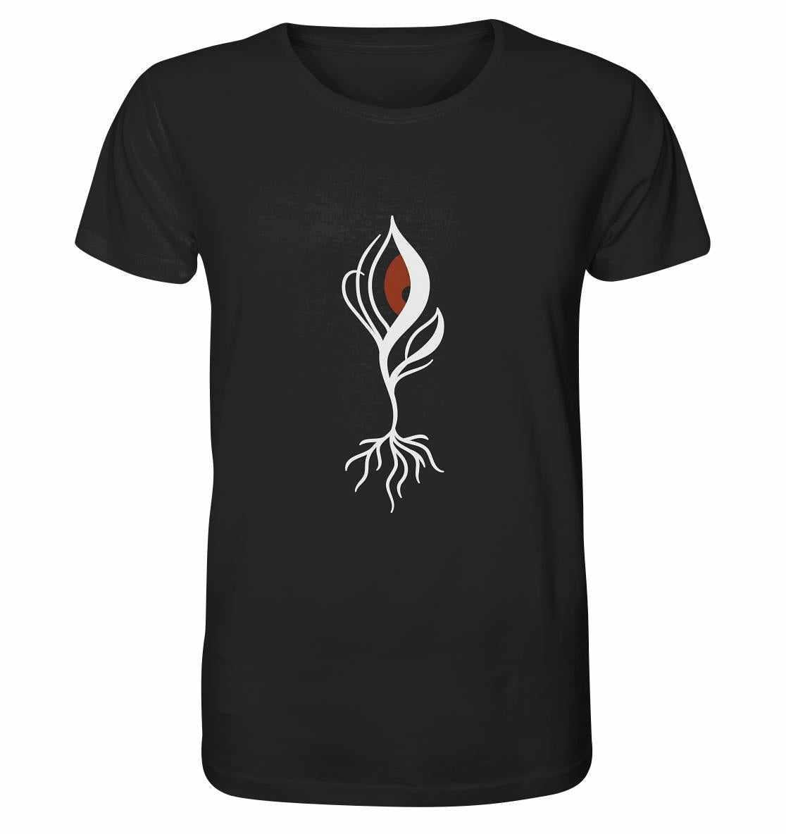 Vegan und Bio Unisex Shirt mit grafischem Design eines blutroten Auges und Pflanzensprosses, aus nachhaltiger Bio-Baumwolle.