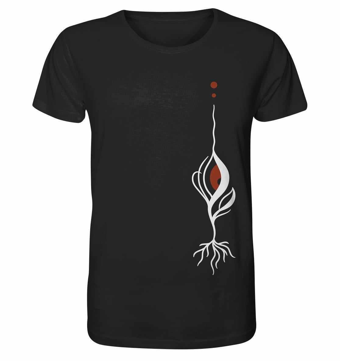 Vegan & Organic Unisex Shirt: Minimalist bloody Eye - Plant mit grafischem Design eines blutroten Auges, inspiriert von Naturschutz und Umweltbewusstsein.