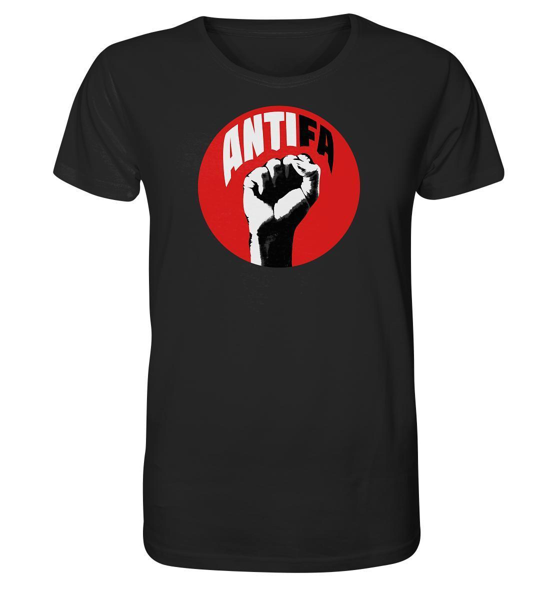 Vegan und Bio Unisex Shirt mit rotem Kreis und erhobener Faust, symbolisiert Antifa - Kampf gegen Rechts, aus 100% Bio-Baumwolle, von RUDE REBEL.