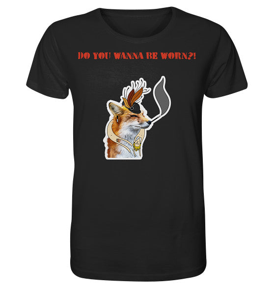 Vegan und Bio Unisex Shirt mit Mrs. Fox-Motiv, die gegen Pelz protestiert; 100% Bio-Baumwolle, normale Passform, rebellisches Design von RUDE REBEL.
