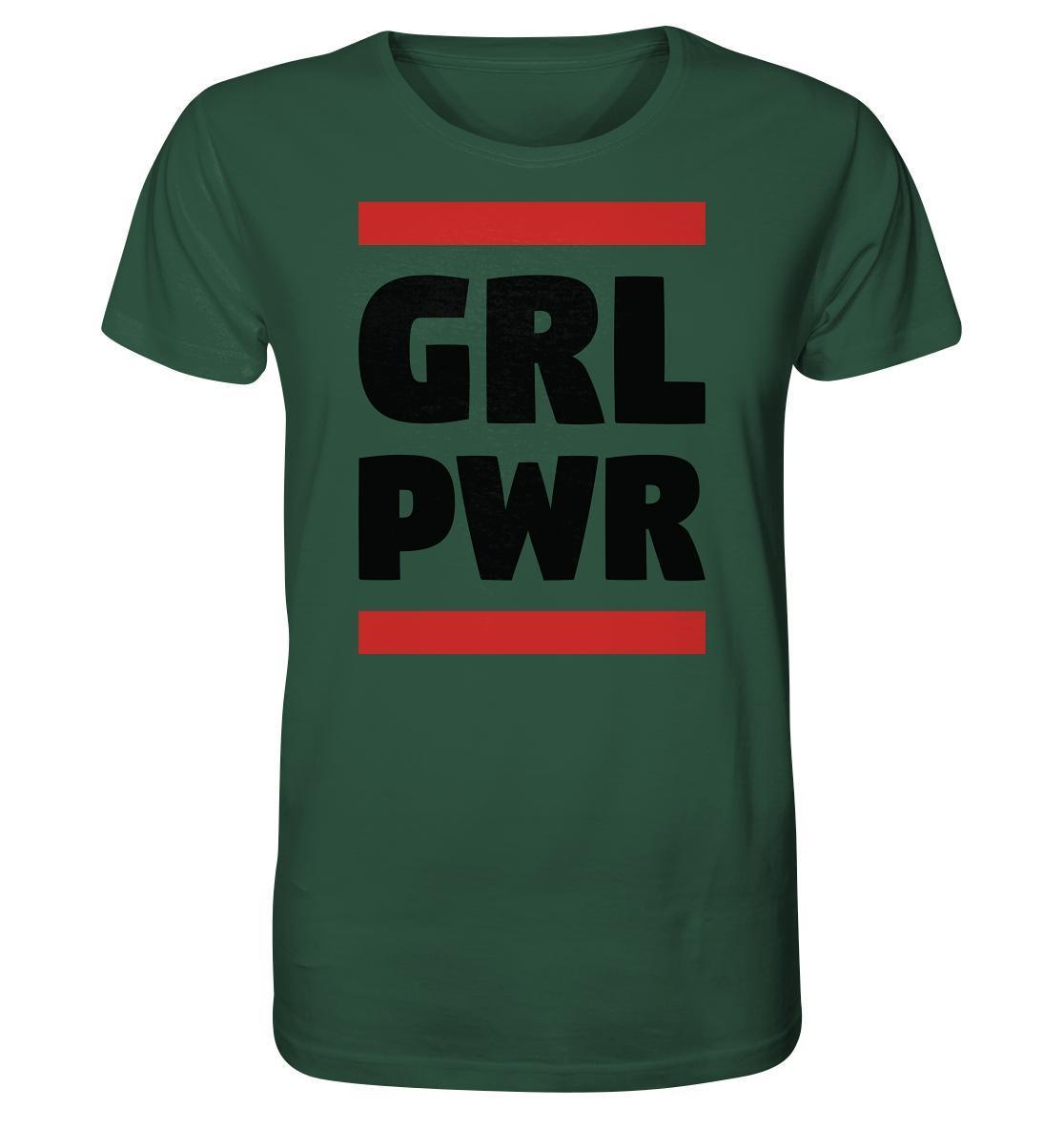 Vegan und Bio Unisex Shirt: GIRL POWER - Design mit feministischer Message, grün mit schwarzem Text, aus 100% Bio-Baumwolle, normaler Schnitt, symbolisiert Stärke und Emanzipation.
