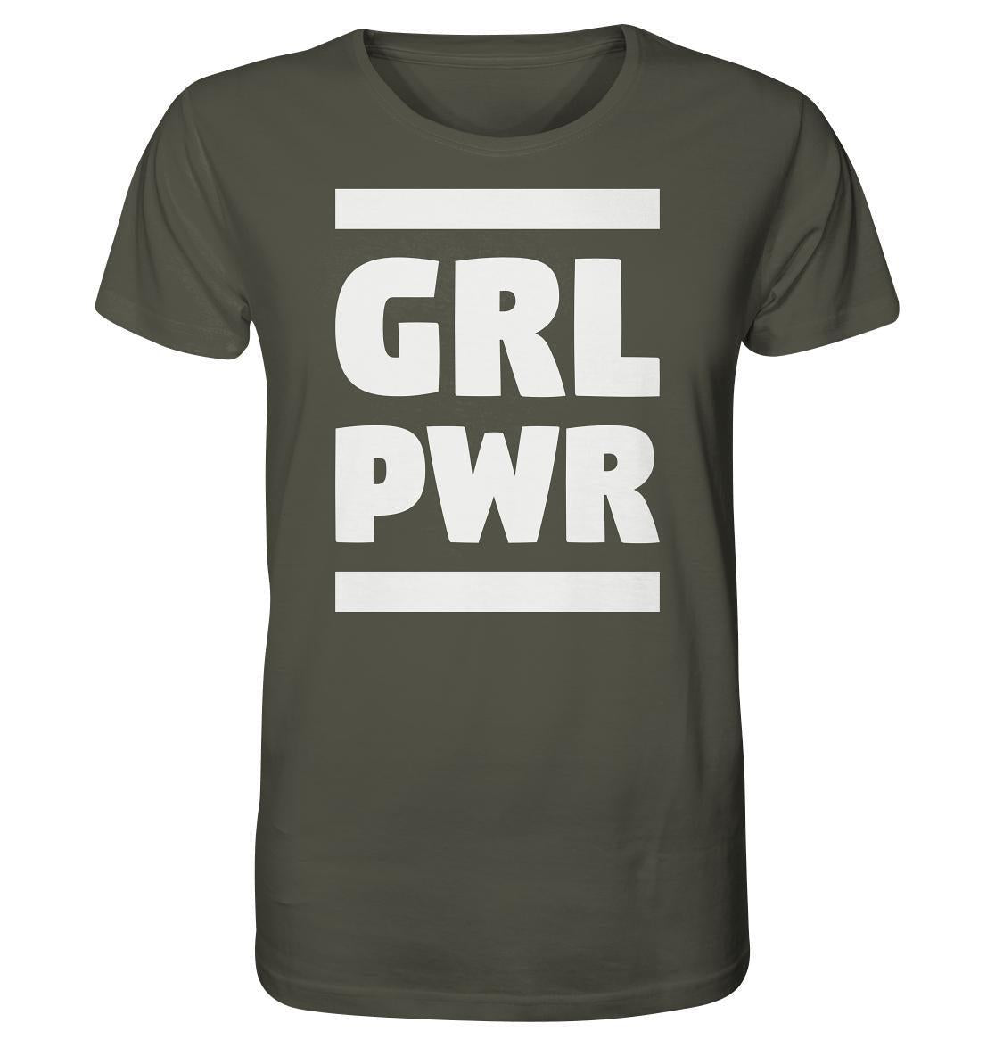 Vegan und Bio Unisex Shirt: GIRL POWER, grünes Shirt mit weißem feministischen Text, aus 100% Bio-Baumwolle, normaler Schnitt, von RUDE REBEL.