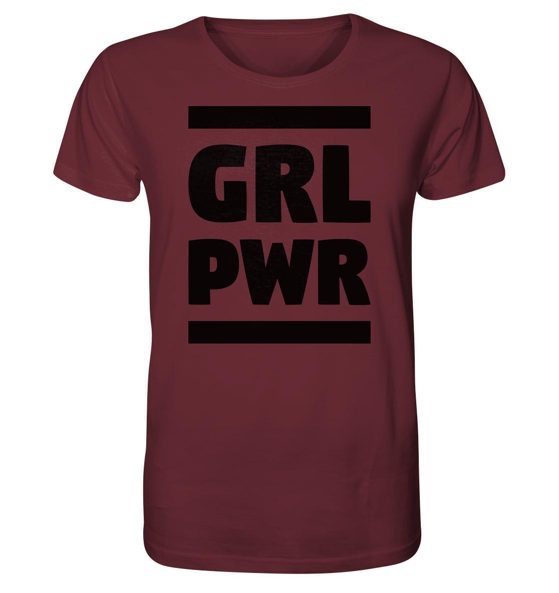 Vegan und Bio Unisex Shirt: GIRL POWER, rot mit schwarzem Text, aus 100% Bio-Baumwolle, symbolisiert Stärke und Emanzipation.