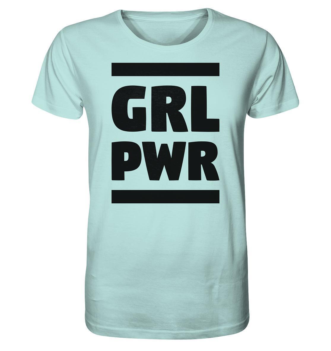 Vegan und Bio Unisex Shirt: GIRL POWER mit feministischer Botschaft, hergestellt aus 100% Bio-Baumwolle, zeigt schwarzen Text. Nachhaltig und umweltfreundlich produziert.