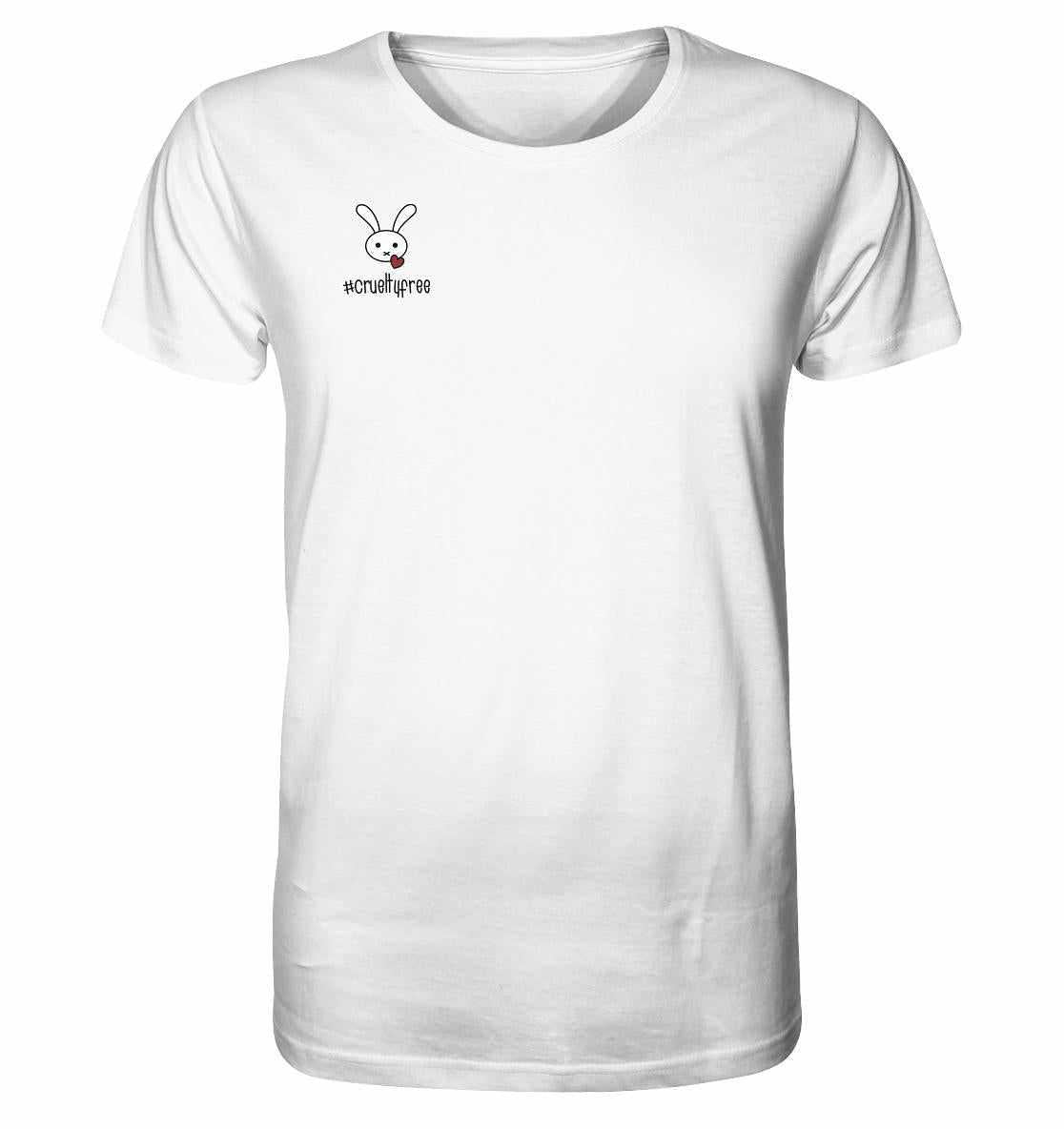 Vegan und Bio Unisex Shirt: Crueltyfree Bunny, weißes T-Shirt aus Bio-Baumwolle mit Kaninchenmotiv, symbolisiert vegane Bewegung gegen Tierversuche.